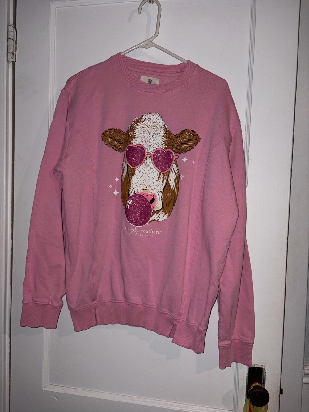 Simply Southern Pink Cow Graphic Crewneck Sweatshirt with Heart Sunglasses